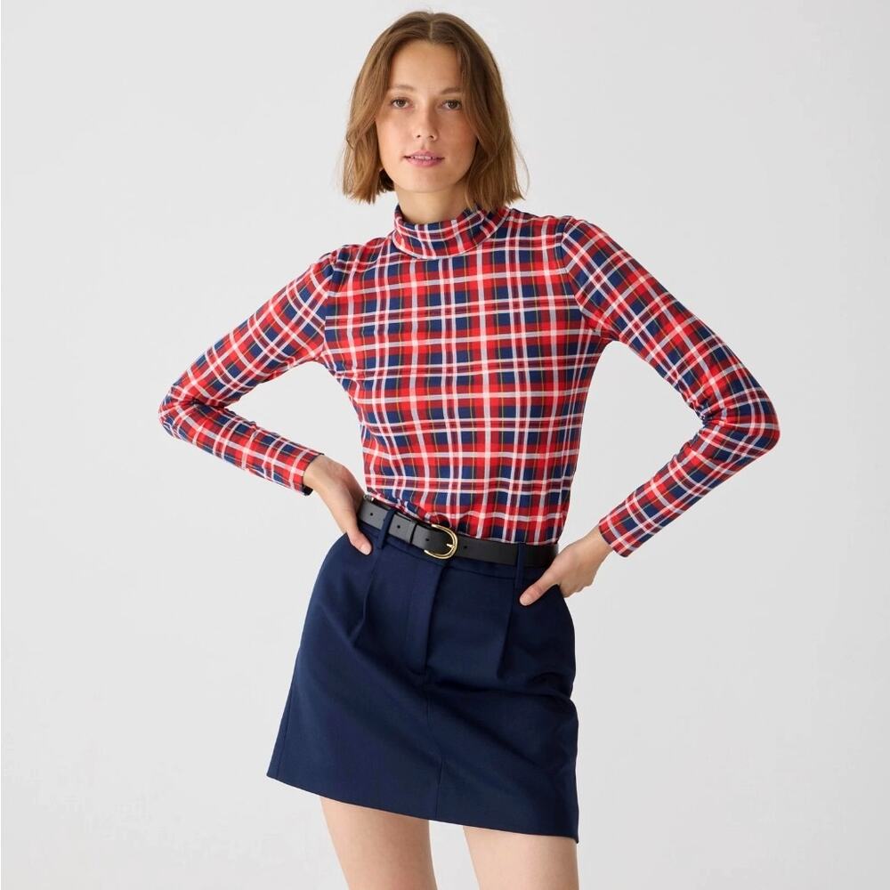 J.Crew Tissue Turtleneck Cotton Red Tartan Holiday Plaid Top Shirt BV995 M NWT